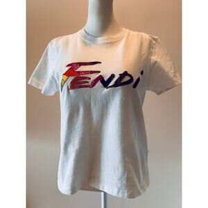 Fendi FF White Rainbow Zucca Sequin Brushed Logo T-Shirt XS Xsmall
